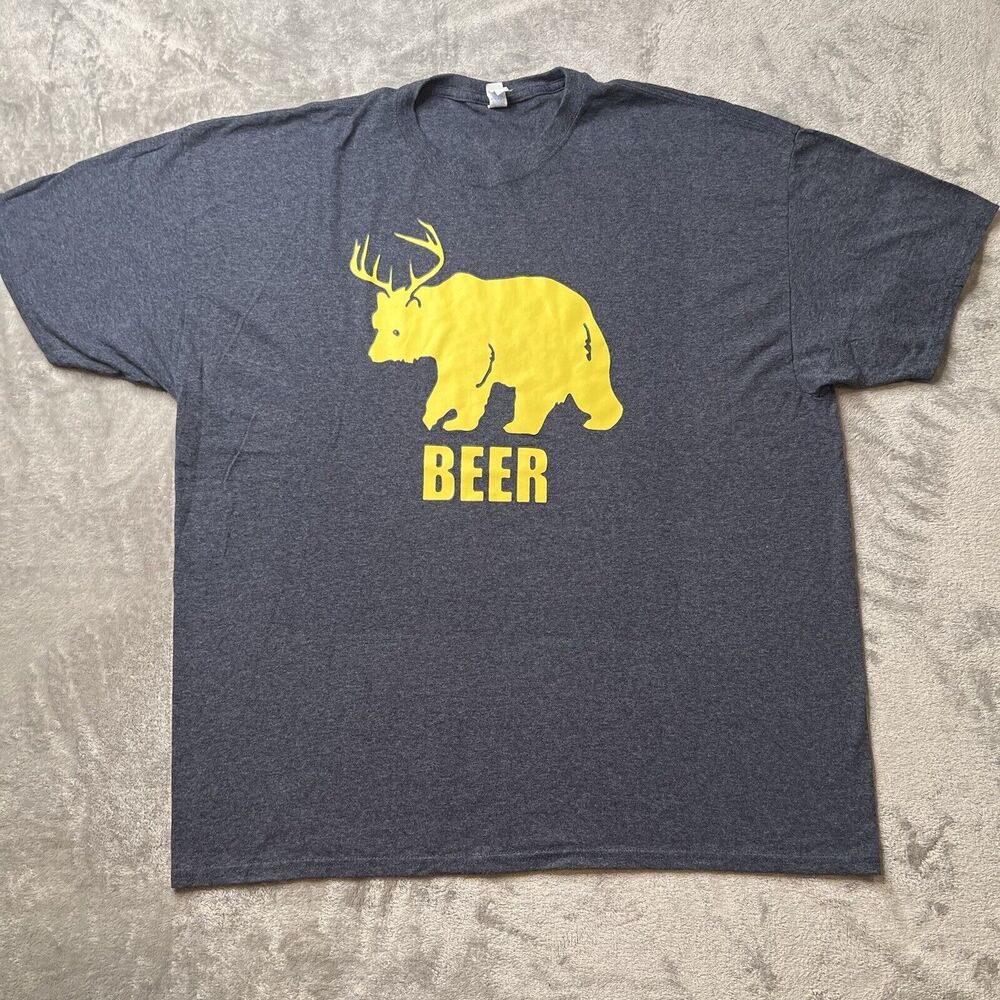 Deer Bear Beer Shirt Men’s 2XL Gray Yellow Graphic Tee Short Sleeve Hunting